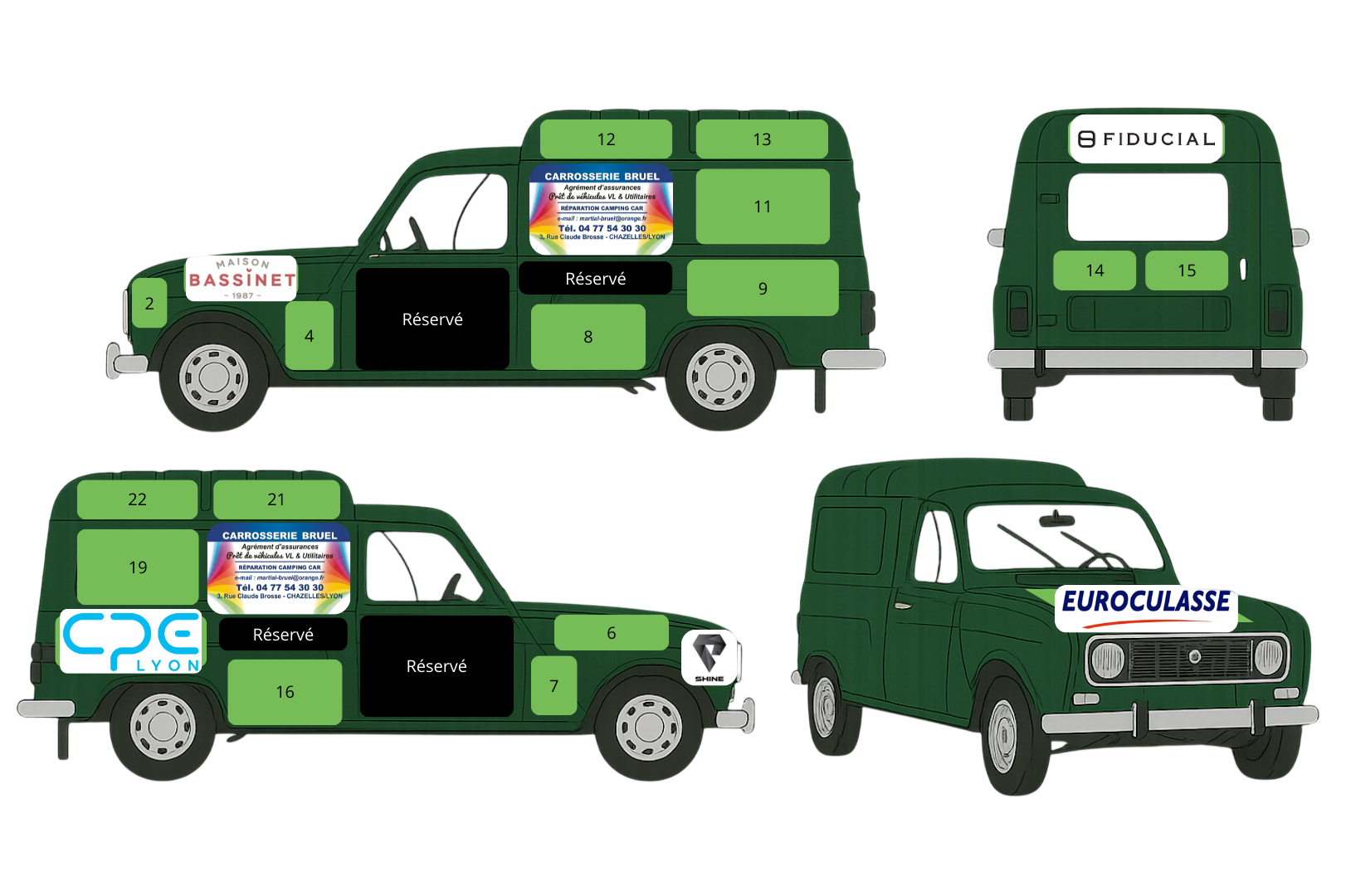 Schéma des emplacements publicitaires sur la Renault 4L de l'équipe Les Verts au Désert